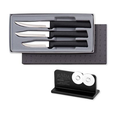 Rada Cutlery Paring Knife Galore Gift Set (G201) with Quick Edge Sharpener (R119), 3-Piece Knife Set and Knife Sharpener, Stainless Steel Blades, Black Handle
