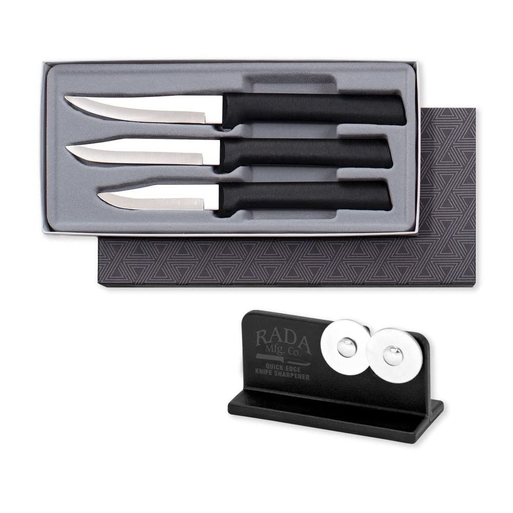 Rada Cutlery Paring Knife Galore Gift Set (G201) with Quick Edge Sharpener (R119), 3-Piece Knife Set and Knife Sharpener, Stainless Steel Blades, Black Handle