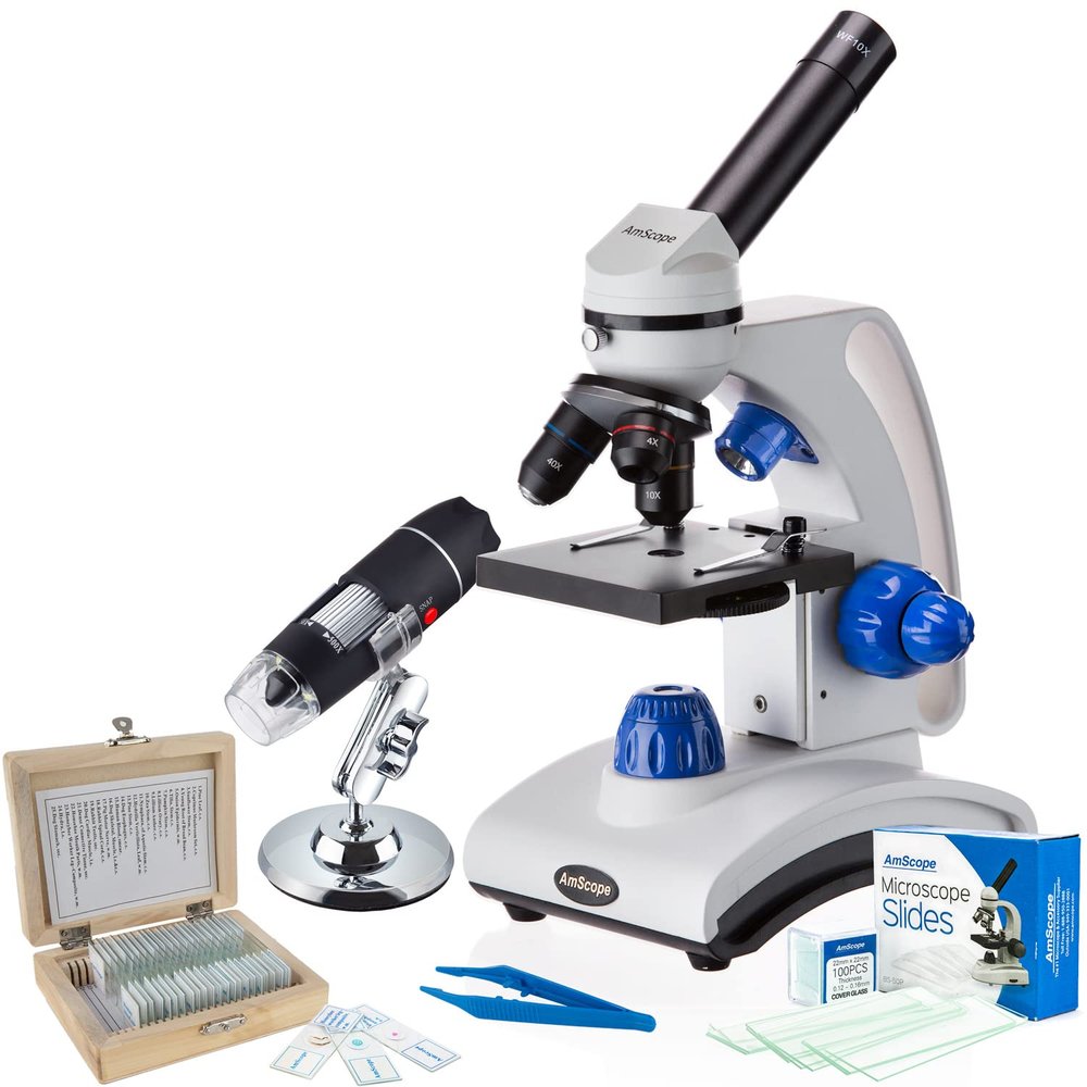 40X-1000X Portable Dual Light Metal Frame Microscope with 25-Piece Prepared Slides Set and Tweezers Plus Bonus Handheld Multi-USB Digital Microscope for PC and Android