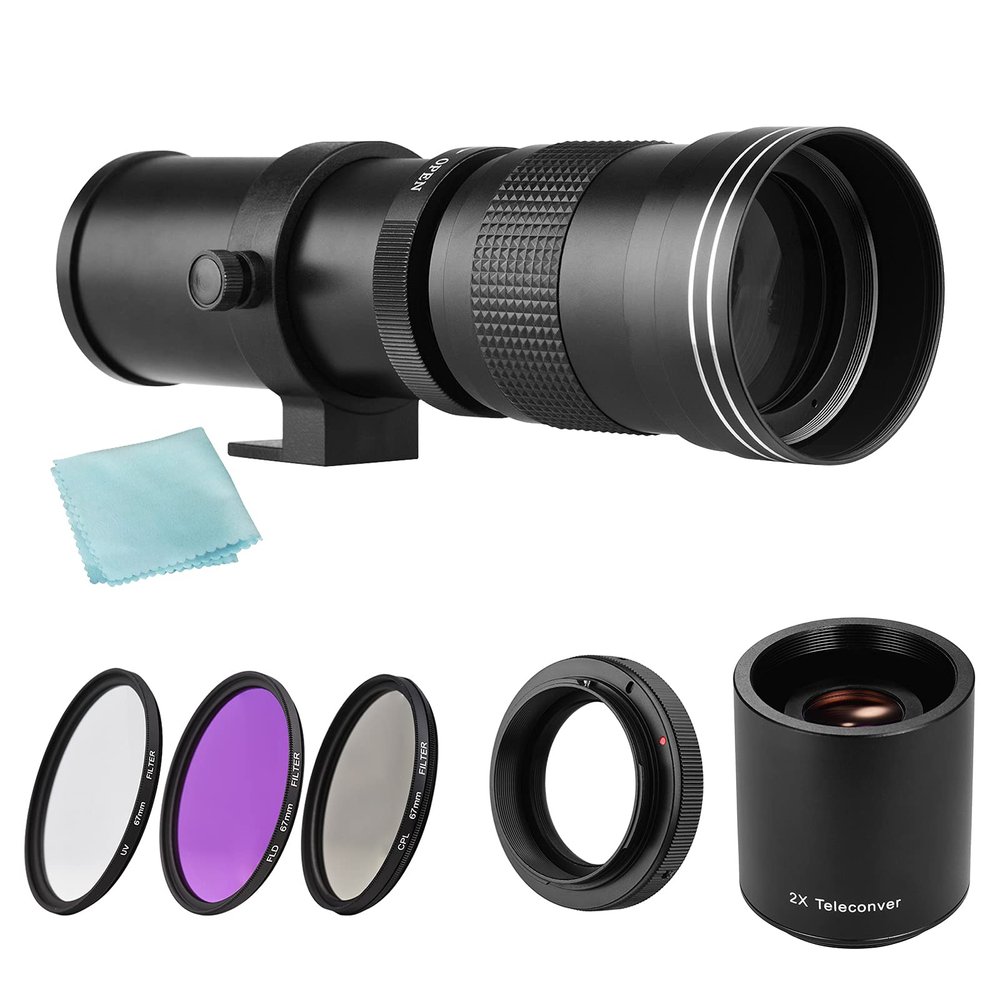 Andoer MF Super Telephoto Lens Zoom F/8.3-16 420-800 mm T Mount + UV / CPL / FLD Filter Set + 2 x Teleconverter 420-800 mm + Replacement T2-EOS Adapter Ring