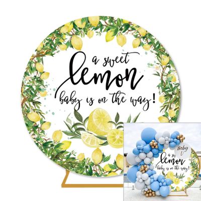 7.5ft(2.3m) Lemon Round Backdrop Cover Polyester A Sweet Lemon Baby is On The Way Round Photography Background Green Leaves Lemon Circle Backdrop Photo Booth Props Girl Boy Shower Party Banner Decor