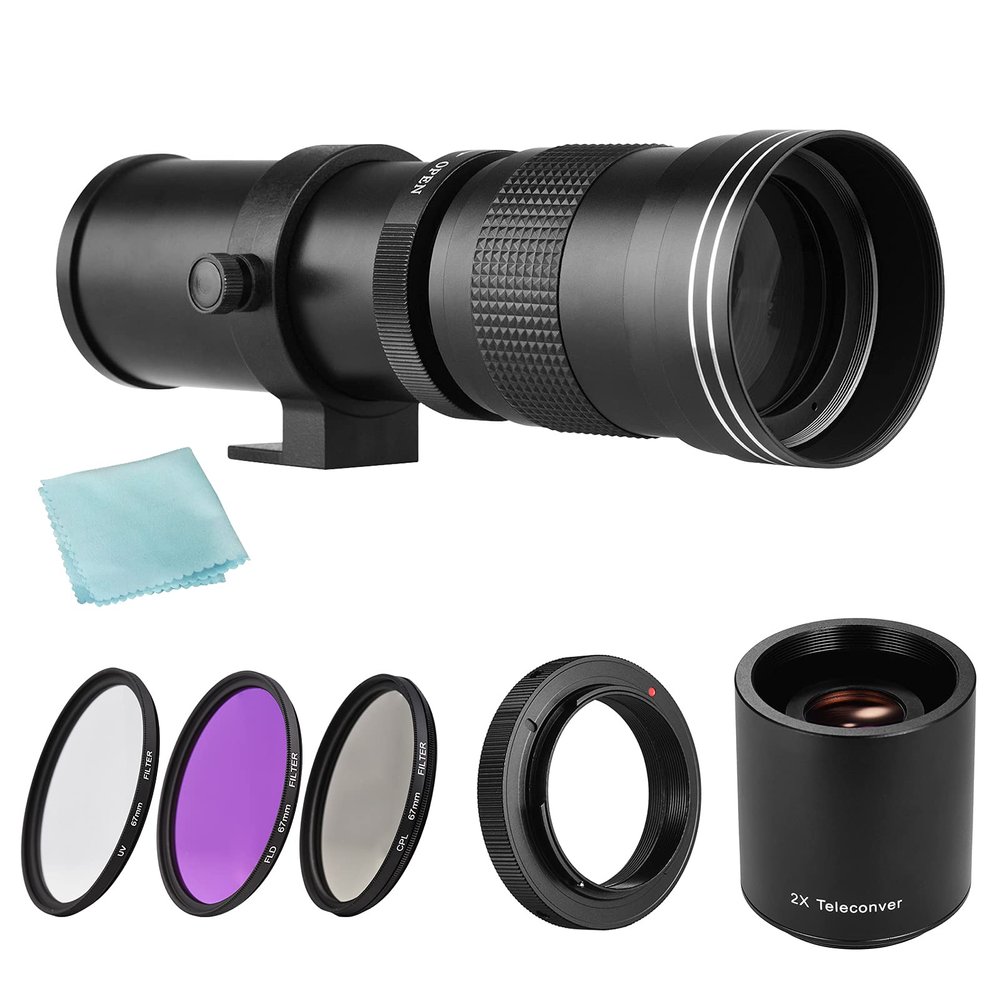 Andoer Camera MF Super Telephoto Zoom Lens F/8.3-16 420-800mm T Mount + UV/CPL/FLD Filters Set +2X 420-800mm Teleconverter Lens + T2-AI Adapter Ring Replacement for Nikon AI Mount