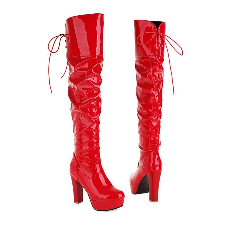 HINDOLA Women Over The Knee Thigh High Boots Lace up Leather Chunky Heel Platform Knight Boots Fashion Long Combat Boots