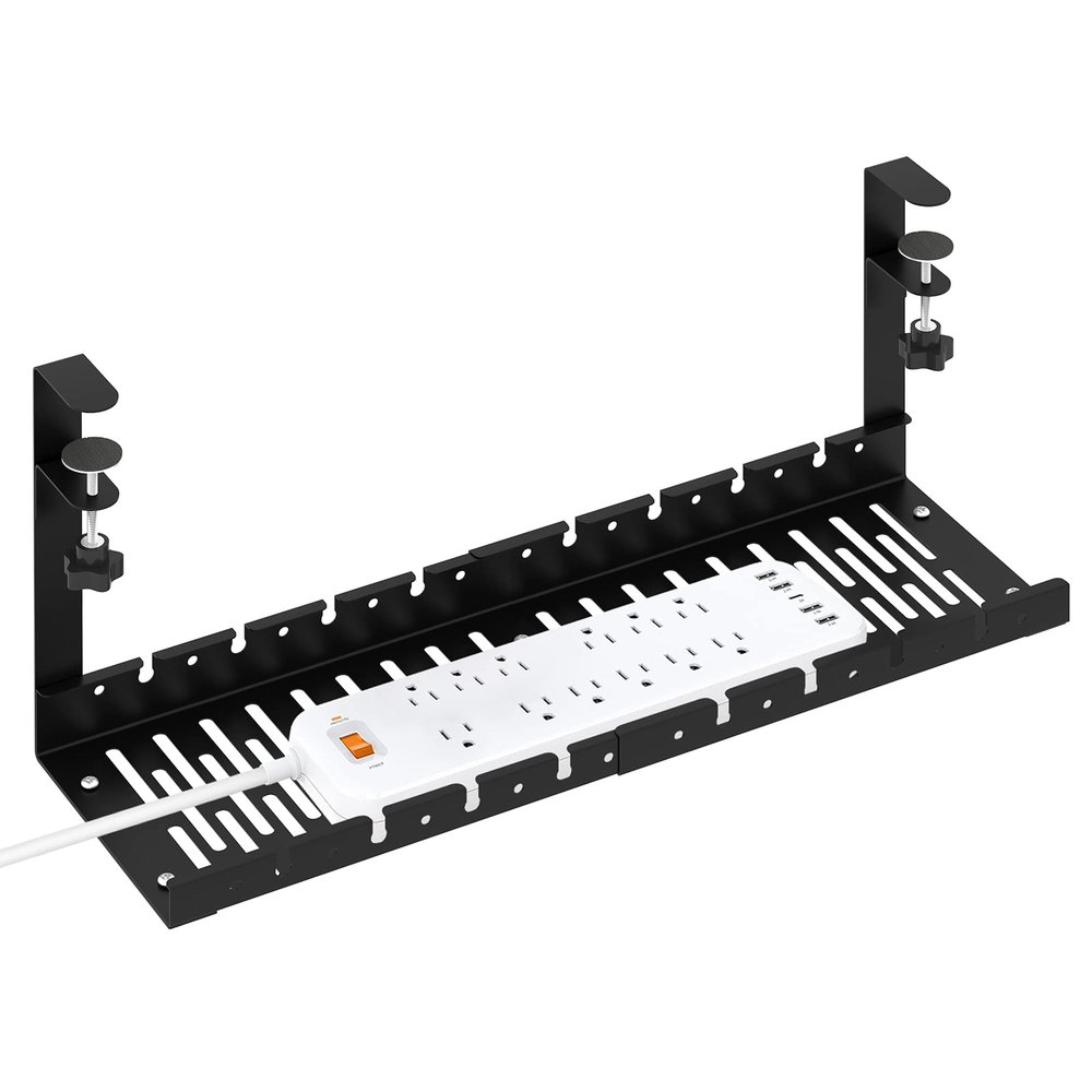 Under Desk Cable Management Tray, No Drill Cable Tray with Clamp, Adjustable Desk Wire Management Tray 13.8" - 21.8, Cord Management with Cable Holder Ties for Home Office Standing Desk, Black