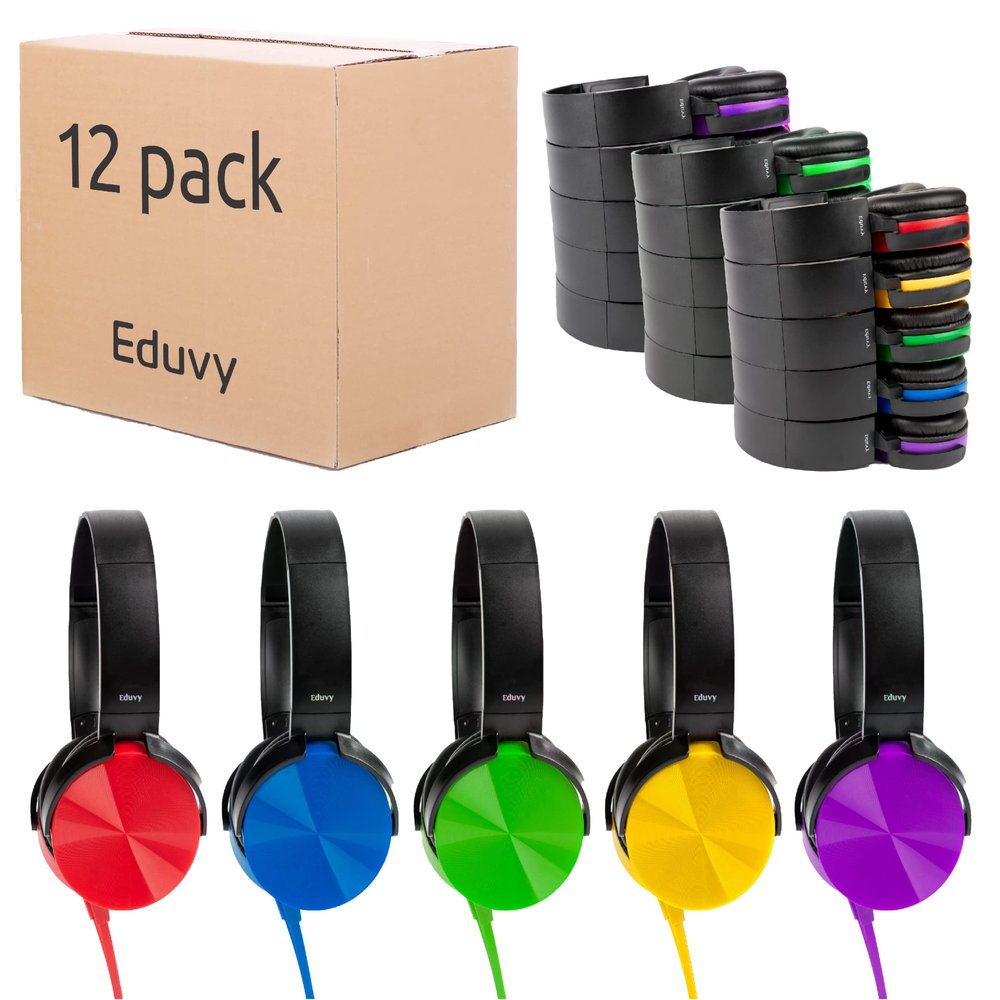 Eduvy Bulk Headphones for Classroom, 12 Pack Durable Wired School Headphones for Students. Teacher Must Haves Supplies from Elementary to College (Mixed Color)