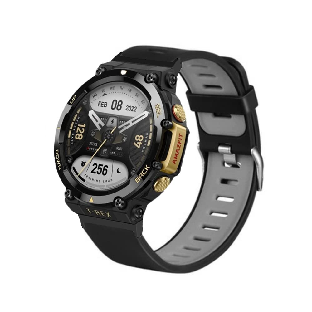 KangPlus Strap Compatible with Amazfit T-Rex 2,Women Men Sport Soft Silicone Wristband Breathable Adjustable Bracelet Accessories with Install Tool - Black+Gray