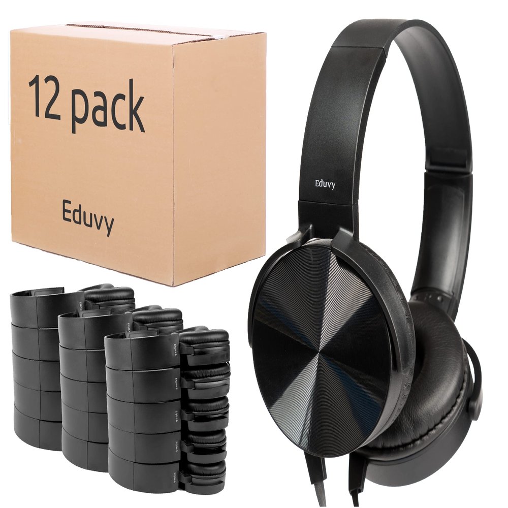 Eduvy Bulk Headphones for Classroom, 12 Pack Durable Wired School Headphones for Students. Teacher Must Haves Supplies from Elementary to College (Black Color)
