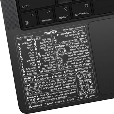 Synerlogic (10pcs) Mac OS Shortcuts Sticker | Keyboard Stickers for macOS | Laminated Vinyl MacBook Cheatsheet for Laptop | MacBook Shortcuts 2025 (Clear/White/10pk)