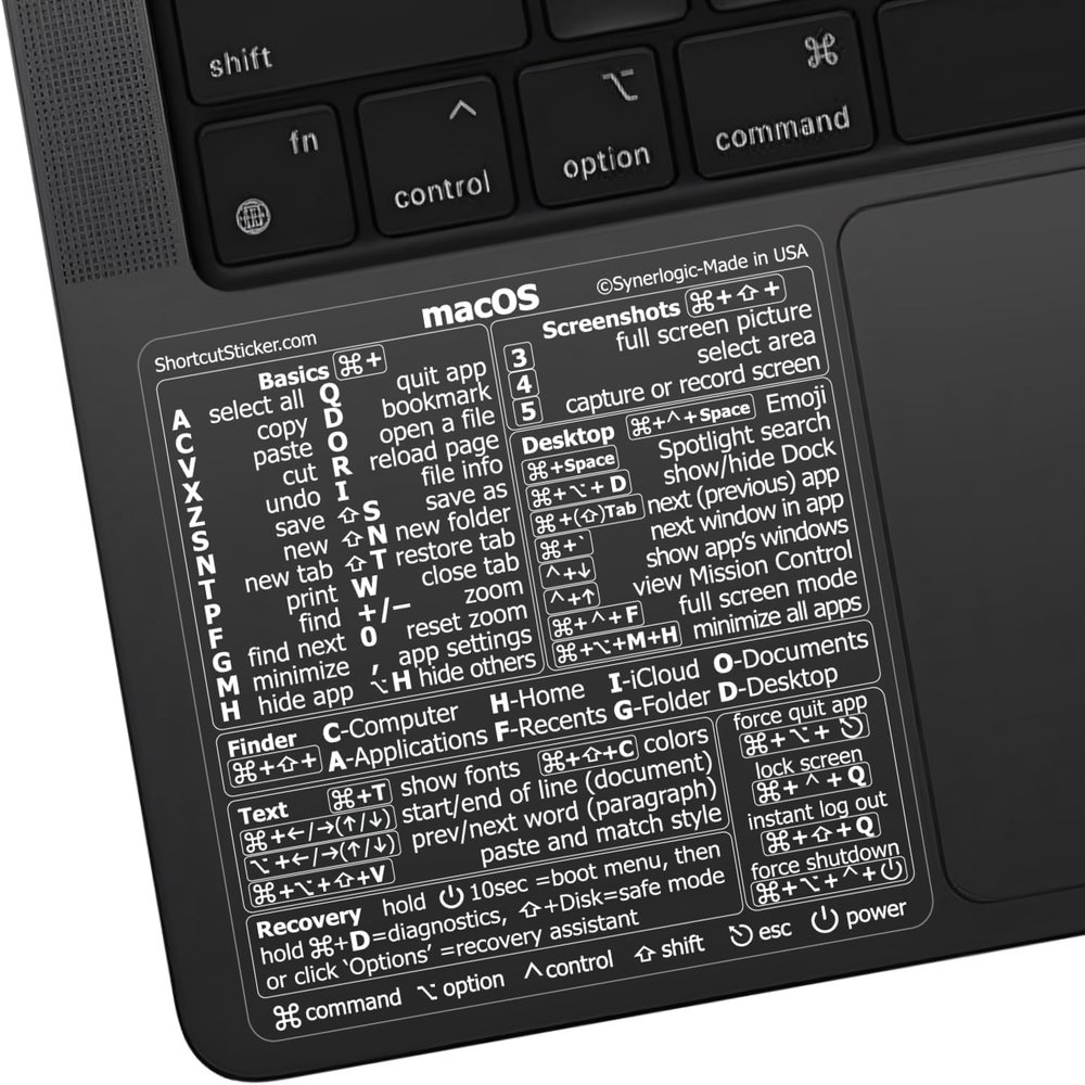 Synerlogic (10pcs) Mac OS Shortcuts Sticker | Keyboard Stickers for macOS | Laminated Vinyl MacBook Cheatsheet for Laptop | MacBook Shortcuts 2025 (Clear/White/10pk)