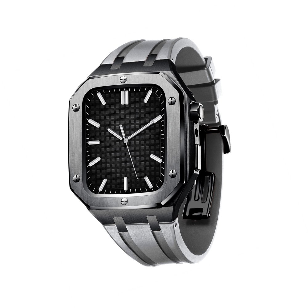 AEMALL Silicone Strap With Shockproof Bumper Case For Apple Watch Band Case Men Women Sports Military Band Protective Case 45mm 44mm Mod Kit Accessories(Black Gray,44MM FOR 6/5/4/SE)