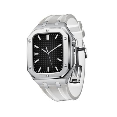 AEMALL Silicone Strap With Shockproof Bumper Case For Apple Watch Band Case Men Women Sports Military Band Protective Case 45mm 44mm Mod Kit Accessories(Silver White,45MM FOR 7)