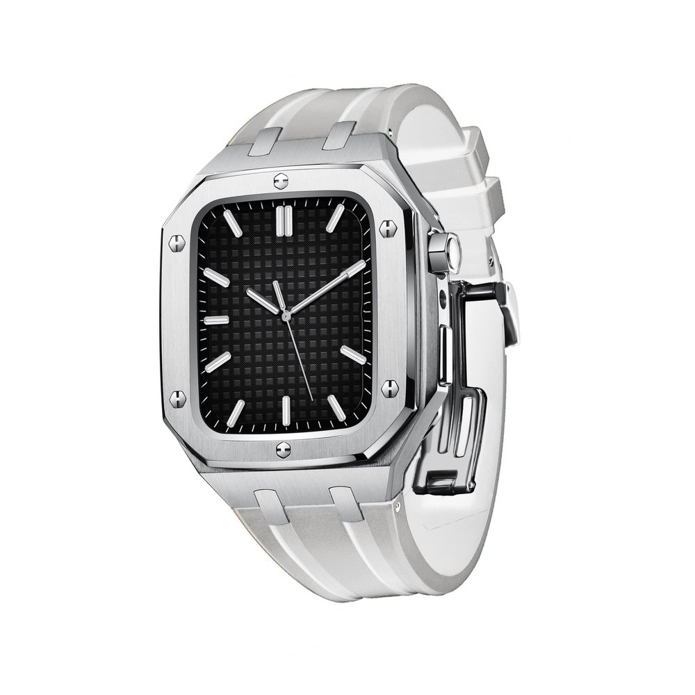 AEMALL Silicone Strap With Shockproof Bumper Case For Apple Watch Band Case Men Women Sports Military Band Protective Case 45mm 44mm Mod Kit Accessories(Silver White,45MM FOR 7)