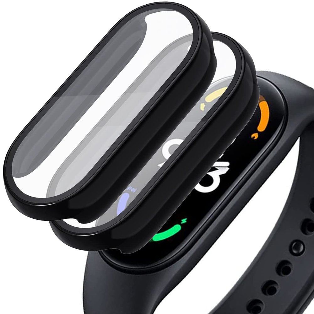 Acadeny [2-Pack Case with Tempered Glass Screen Protector Compatible for xiaomi Band 7, 9H Hardness 360 All-Round Protective Ultra Thin Protective PC Case Cover for mi Band 7 Black Black