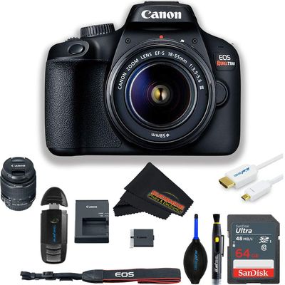 EOS Rebel T100 DSLR Camera with EF-S 18-55mm F/3.5-5.6 and Sunshine Bundle (Renewed)