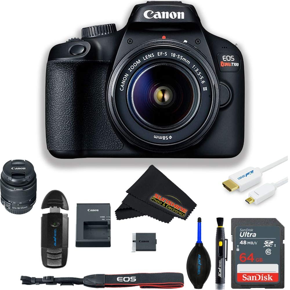 EOS Rebel T100 DSLR Camera with EF-S 18-55mm F/3.5-5.6 and Sunshine Bundle (Renewed)