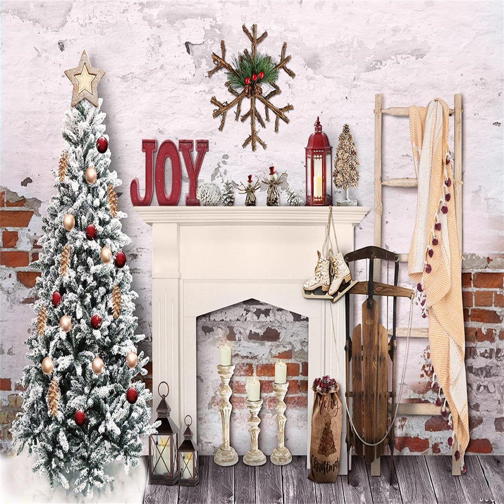 Christmas Backdrop Xmas Damask Gift Fireplace Family Christmas Trees Decoration Photo Studio Banner 7X5Ft Backgrounds for Photography-Silkwarpoy 7x5ft