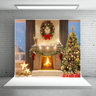 10x6.5ft Christmas Fireplace Theme Photography Background Pine Tree Branches Wreaths Tree Gifts Socks Snow Outside Window Shooting Props Backdrop
