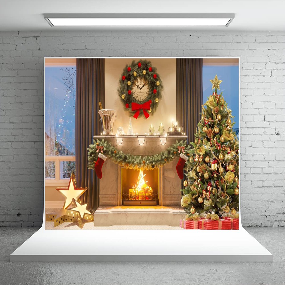 10x6.5ft Christmas Fireplace Theme Photography Background Pine Tree Branches Wreaths Tree Gifts Socks Snow Outside Window Shooting Props Backdrop
