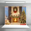 10x6.5ft Christmas Fireplace Theme Photography Background Pine Tree Branches Wreaths Tree Gifts Socks Snow Outside Window Shooting Props Backdrop view 1