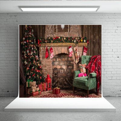10x10ft Christmas Fireplace Photo Backdrop Christmas Party Decoration Banner Christmas Trees Xmas Gifts Backgrounds for Photography