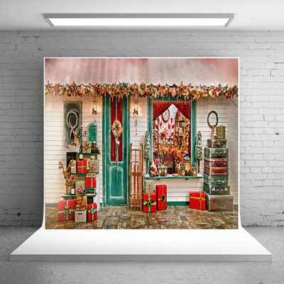 10x6.5ft Christmas Window Photography Backdrop Elk Ski Pine Branch Wreath White Grille Photography Background