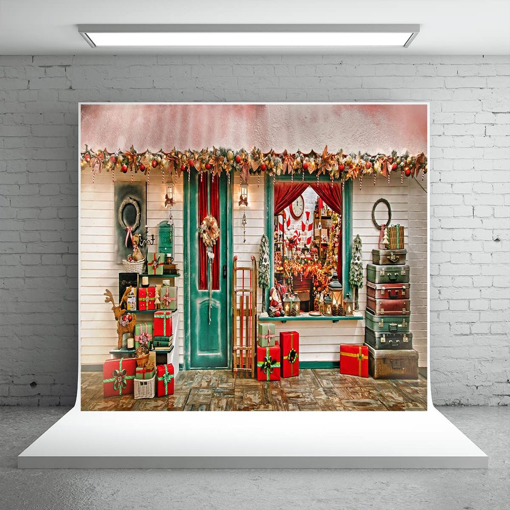 10x6.5ft Christmas Window Photography Backdrop Elk Ski Pine Branch Wreath White Grille Photography Background