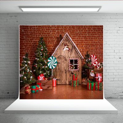10x6.5ft Christmas Wooden Country Barn Red Flashing Brick Wall Background Tree Candy House Photography Background