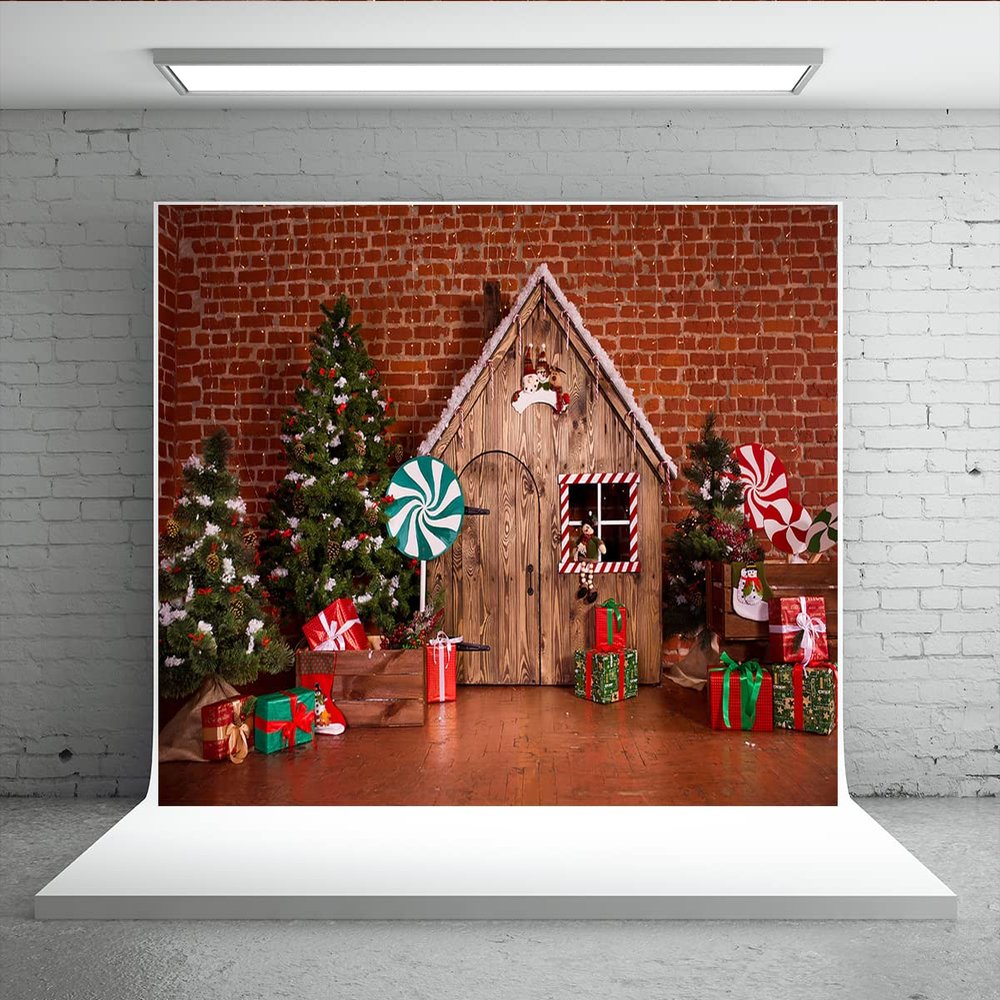 10x6.5ft Christmas Wooden Country Barn Red Flashing Brick Wall Background Tree Candy House Photography Background