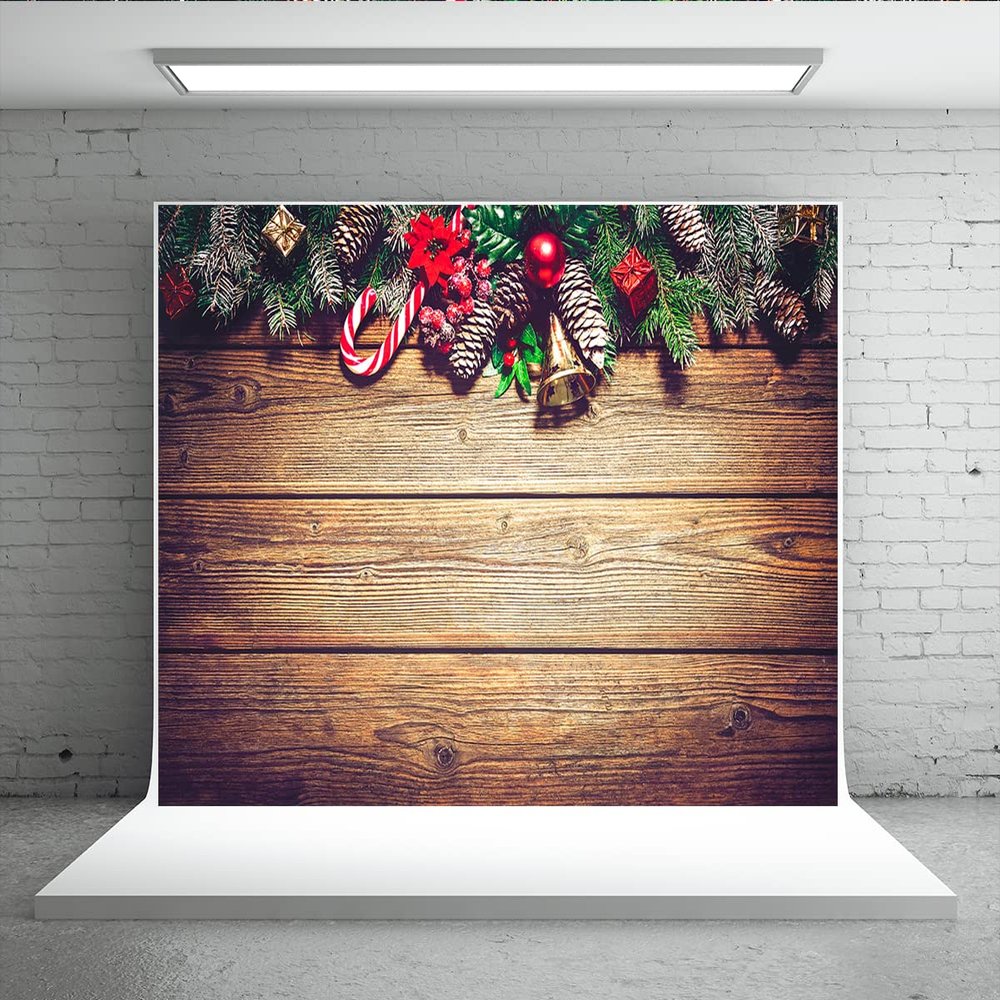 10x6.5ft Xmas Rustic Vintage Wooden Background Pine Branches Cane Candy Christmas Bell Background