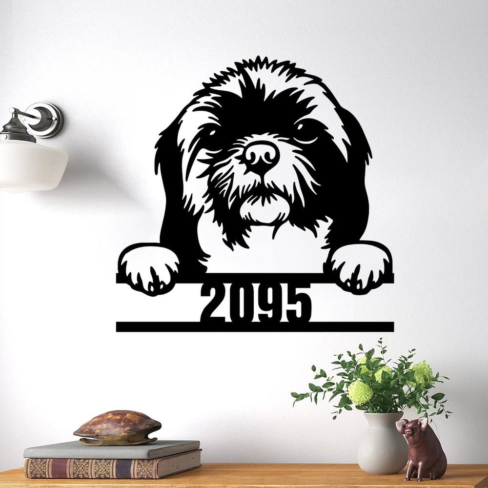 SILYHEART ShihTzu Wall Art with Custom House Number Funny Animal Pet Sign Modern Home Decor Personalized Front Porch Address Plaque ShihTzu Lover Gifts Dog Door Hanger 18in