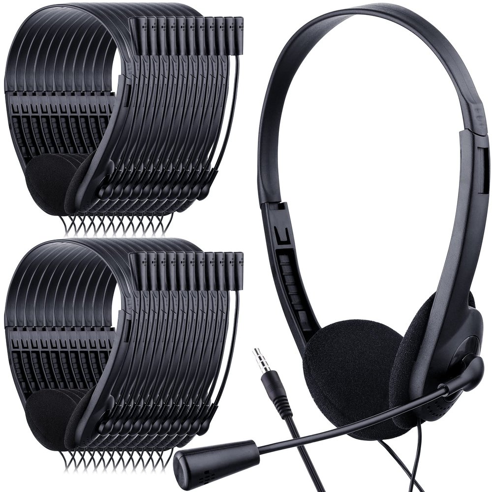 Yunsailing 30 Pack Classroom Headphones with Microphone Headphones Bulk Class Set Lightweight Adjustable Earphones on Ear with 3.5 mm Jack(Plastic Stem)