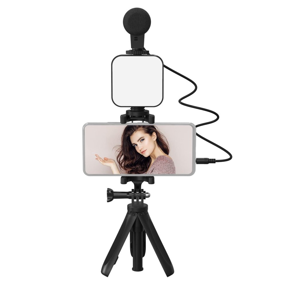 Andoer Smartphone Vlogging Kit Phone Stand Tripod + Microphone + Video Light + Clip + 3.5mm TRS to TRRS Audio Cable for Live Streaming Video Recording