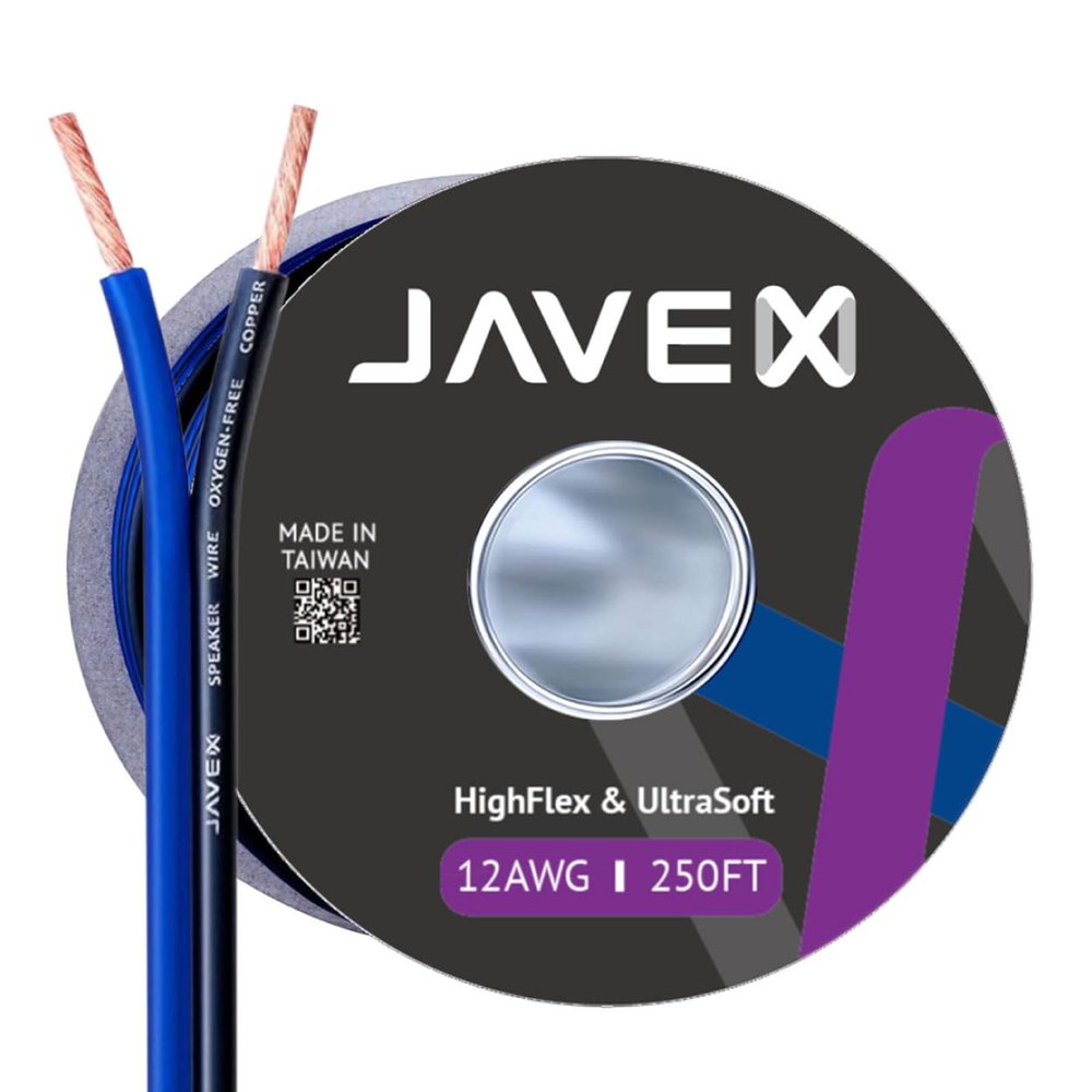 JAVEX 12-Gauge AWG Audio Speaker Wire (250 FT), [OFC Oxygen-Free Copper] Thin Flat Cable for Automotive Car Stereo Audio, HI-FI Stereo, Home Theater, Blue/Black