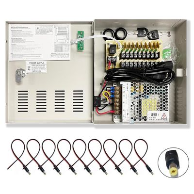 9 Port High Power Security CCTV Camera Access Control Power Distribution Box 12V DC 10 Amp PTC Protection, with 9 Pcs. DC Male Pigtail