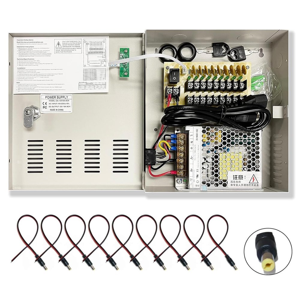 9 Port High Power Security CCTV Camera Access Control Power Distribution Box 12V DC 10 Amp PTC Protection, with 9 Pcs. DC Male Pigtail
