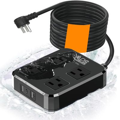 Outdoor Power Strip Weatherproof, Waterproof Surge Protector with 4 Wide Outlets & 3 USB Ports, 10FT Extension Cord, Wall Mountable, Overload Protection for Patio Garden Christmas Lights, ETL Listed