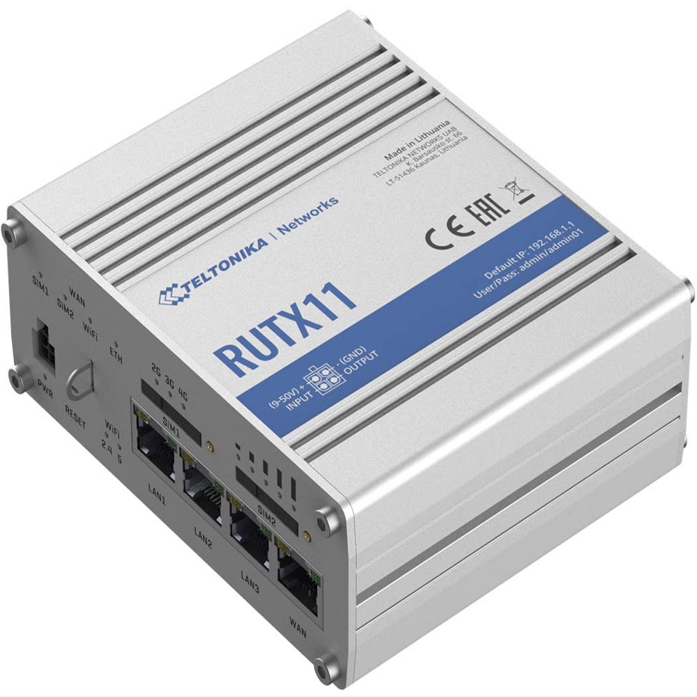 Teltonika RUTX11000200 Model RUTX11 Dual SIM Cellular Router; for Europe, The Middle East, Africa, APAC2, Brazil, Malasya, and Australia Carriers; 4G LTE Cat6 DL Up to 300Mbps; 3G Up to 42 Mbps