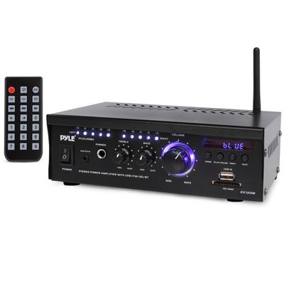 PyleUsa Bluetooth Computer Speaker Amplifier - 2x120 Watt Home Stereo Power Amplifier Home Audio Receiver System W/Blue Led Display, USB/SD, AUX, RCA, Headphone Jack - Remote - PCAU46BA.6