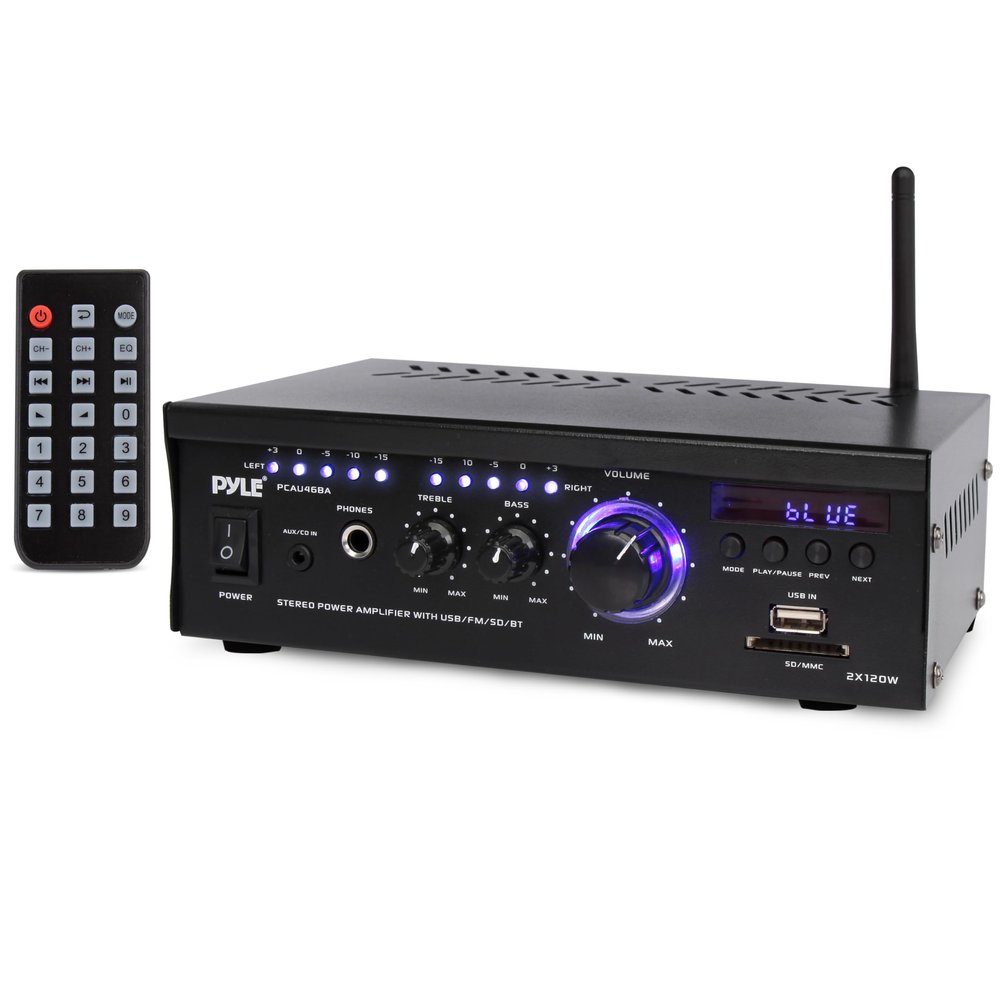 PyleUsa Bluetooth Computer Speaker Amplifier - 2x120 Watt Home Stereo Power Amplifier Home Audio Receiver System W/Blue Led Display, USB/SD, AUX, RCA, Headphone Jack - Remote - PCAU46BA.6