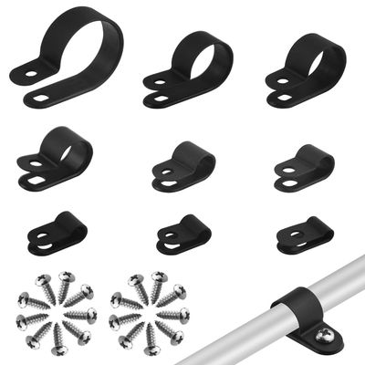 WMYCONGCONG 180 PCS Nylon R-Type Cable Clamps Plastic Cable Clips Assortment Kit Black Screw Mounting Fastener Clips 1/8, 3/16, 1/4, 5/16, 3/8, 1/2inch, 5/8, 3/4, 1 with 180 PCS Screws