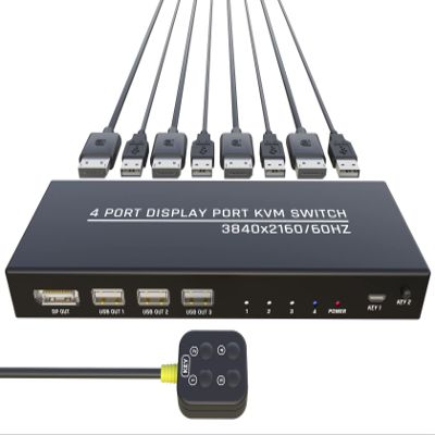 DiamondTiger KVM Switch 4 Computers - KVM Switch Displayport, One Monitor Switch to Share Mouse, Keyboard, Printer, USB 2.0 Device and Ultra HD Monitor, Support 4K@60Hz, 4 DP and 4 USB Cable Included