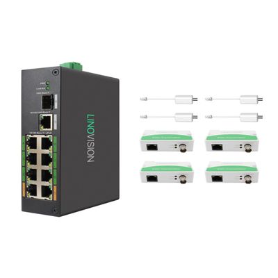 LINOVISION Industrial 8-Port EOC & POE Switch with 4pcs EOC Transmitters, Long Reach PoE Over Coax or UTP Cable, Simplified Wiring, Upgrading Analog System to IP Surveillance System