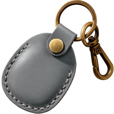 Q1T5 Genuine Leather AirTag Holder Compatible with Apple AirTag 2nd Gen & 1st Gen, Handmade Leather Air tag Keychain with Key Rings, Hidden Air tags Case Accessories - Grey