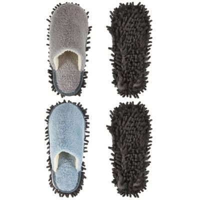 Jecery 2 Pair Microfiber Slippers Floor Cleaning Chenille Mop Slippers Base Board Cleaner Household Cleaning Tools for Wood Floor Dust Dirt Tool Supplies(Gray, Blue)