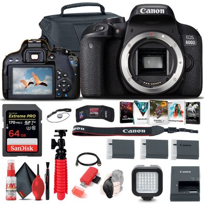 Canon EOS Rebel 800D / T7i DSLR Camera (Body Only), 64GB Memory Card, Case, Corel Photo Software, 2 x LPE17 Battery, Card Reader, LED Light, Tripod + More