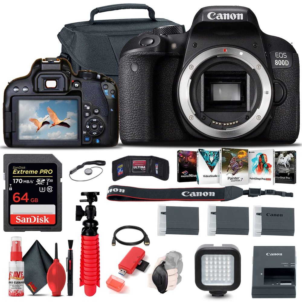 Canon EOS Rebel 800D / T7i DSLR Camera (Body Only), 64GB Memory Card, Case, Corel Photo Software, 2 x LPE17 Battery, Card Reader, LED Light, Tripod + More