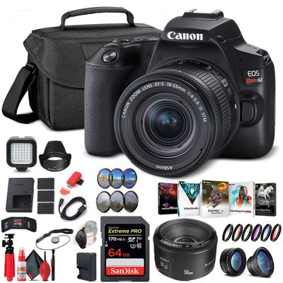 Canon EOS Rebel SL3 DSLR Camera with 18-55mm Lens (Black) (3453C002), Canon EF 50mm Lens, 64GB Memory Card, Color Filter Kit, Case, Filter Kit, Corel Photo Software, 2 x LPE17 Battery + More