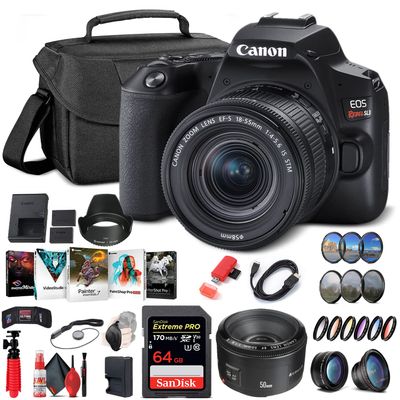 Canon EOS Rebel SL3 DSLR Camera with 18-55mm Lens (Black) (3453C002), Canon EF 50mm Lens, 64GB Memory Card, Color Filter Kit, Case, Filter Kit, Corel Photo Software, LPE17 Battery + More (Renewed)