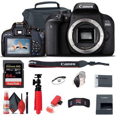 Canon EOS Rebel 800D / T7i DSLR Camera (Body Only), 64GB Memory Card, Case, Card Reader, Flex Tripod, Hand Strap, Cap Keeper, Memory Wallet, Cleaning Kit (Renewed)
