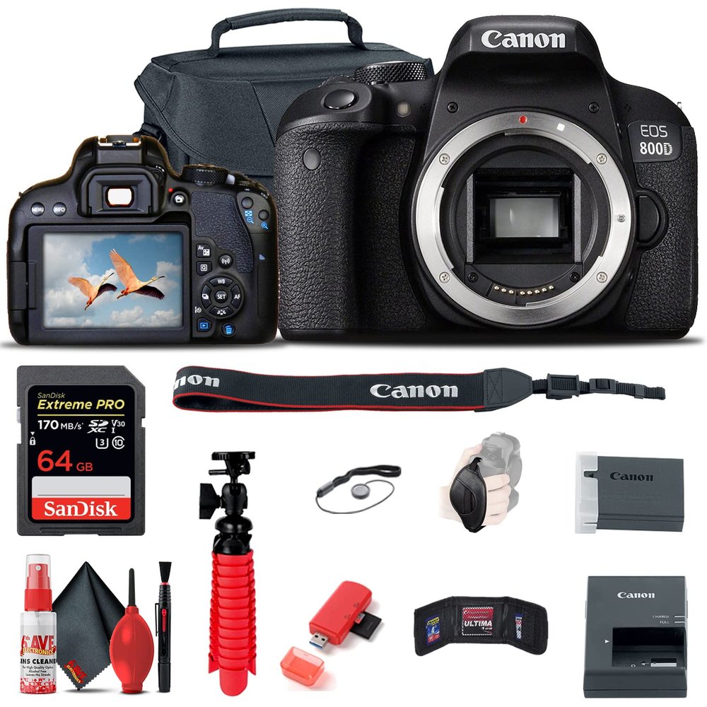 Canon EOS Rebel 800D / T7i DSLR Camera (Body Only), 64GB Memory Card, Case, Card Reader, Flex Tripod, Hand Strap, Cap Keeper, Memory Wallet, Cleaning Kit (Renewed)